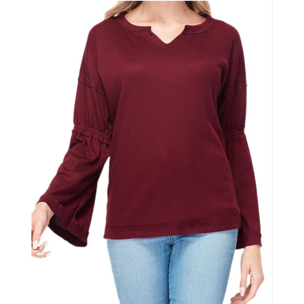 Baea | Nwt Maroon Waffle Knit Thermal Tiered Bell Sleeved V Neck Top